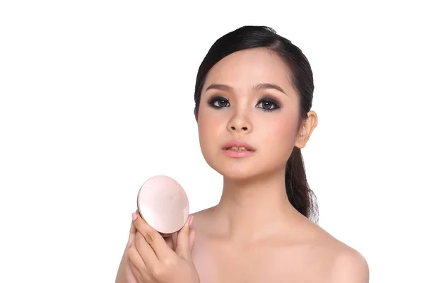 Kosmetik Make Anwenden Schönheitsprozess Weißen Studiohintergrund Perfect Healthy Skin Leertaste — Stockfoto