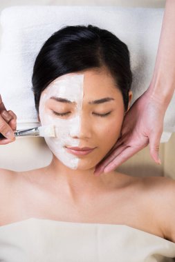 Asyalı Kadın 'ın yarım yüz bölgesine doğal krem sürerek yaşlanmayı önleme, sadece üst görünüm kafa. Profesyonel Terapist 'in genç kıza masaj terapisi. Yüz tedavisi.