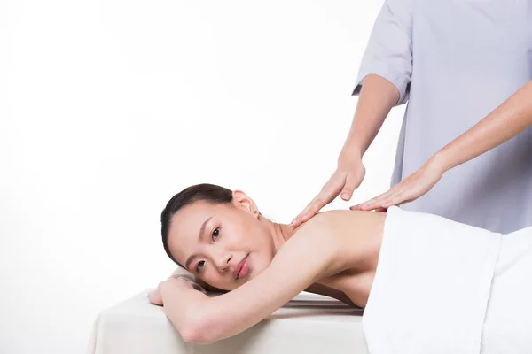 Body Massage Specific Naked Back Asian Woman Pressing Fingers Pain — Stock Photo, Image