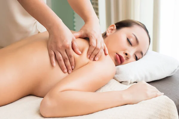 Body Massage Naked Back Mix Race Caucasian Asian Woman Pressing — Stock Photo, Image