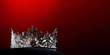 Silver Diamond Crown of Miss Pageant Beauty Universe World Contest sparkle light on black pillow, ready for wear Most beautiful Winner, studio lighting super red gradient background dramatic clipart