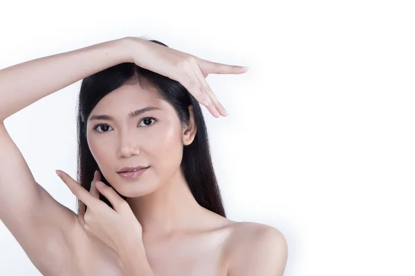 Schöne Saubere Haut Asiatische Frau Gerade Schwarze Haare Mit Händen — Stockfoto