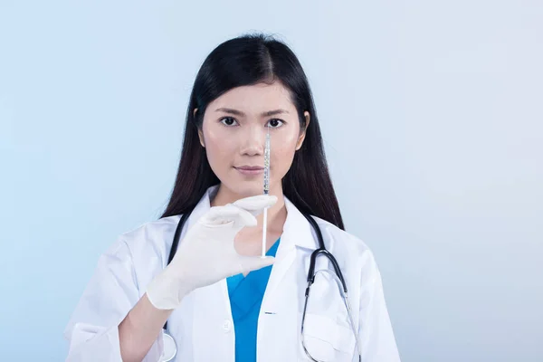 Asian Beautiful Doctor Nurse Woman Uniform Stethoscope Rubber Gloves Syringe — Stock Photo, Image