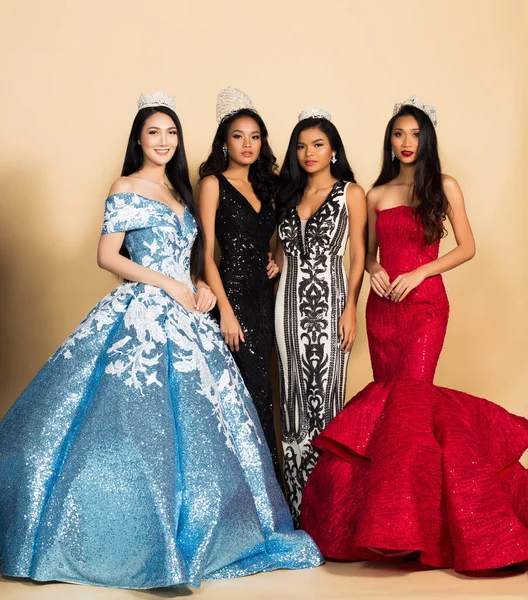 Group of Four Miss Beauty Pageant Queen Contest in Asian Evening Ball Gown sequin dress with Diamond Crown Sash, multi national race world beauty contest, chit chat talk smile laugh for winner