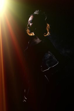 Bayan Güzellik Yarışması 'nın Gölge Yüzük Işığı Gümüş Elmas Crown el sallama gülümsemesi, stüdyonun koyu siyah arkaplanı aydınlatması.