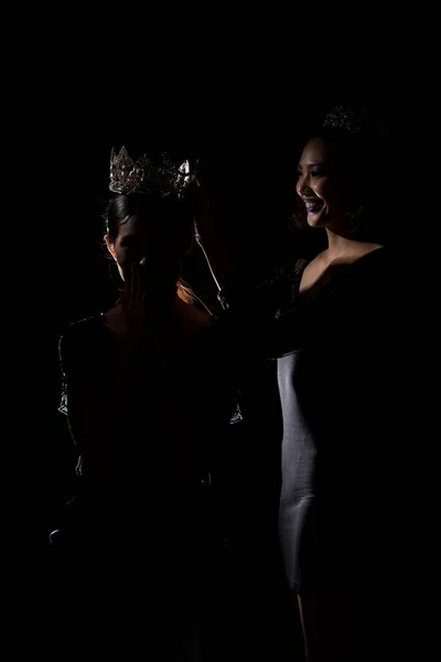Two Silhouette Shadow Back Rim Light Miss Pageant Beauty Queen — Stock Photo, Image