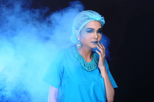 Beautiful Asian Patient Woman Fashion Mamaup Blue Tone Accessory Shirt — стокове фото