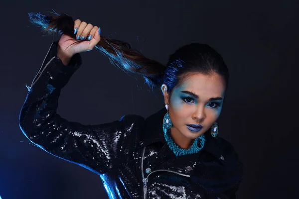 Black Sequin Jacket Blue Fashion Make Asian Bella Modelli Capelli — Foto Stock