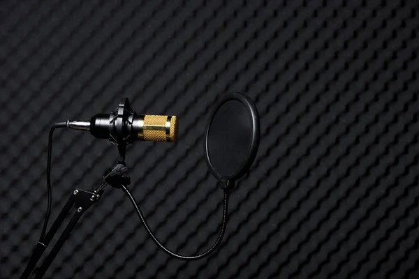 Microfone Condensador Microfone Dourado Com Filtro Pendurar Sobre Sala Parede — Fotografia de Stock