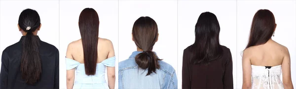 アジアの人々の背面側のビューが存在黒の短いストレートのヘアスタイルとドレスの女性のカールの髪カジュアルなドレス スタジオ照明白の背景孤立し コラージュ5人グループパック — ストック写真