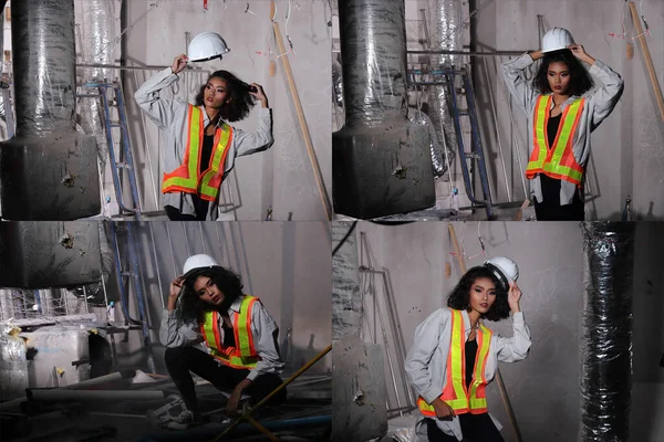 Collage group pack of Beautiful Asian Architect Engineer woman curl hair in white hard hat, safety vast in construction room building, remove debris out and renovate, concept woman can do fashion post