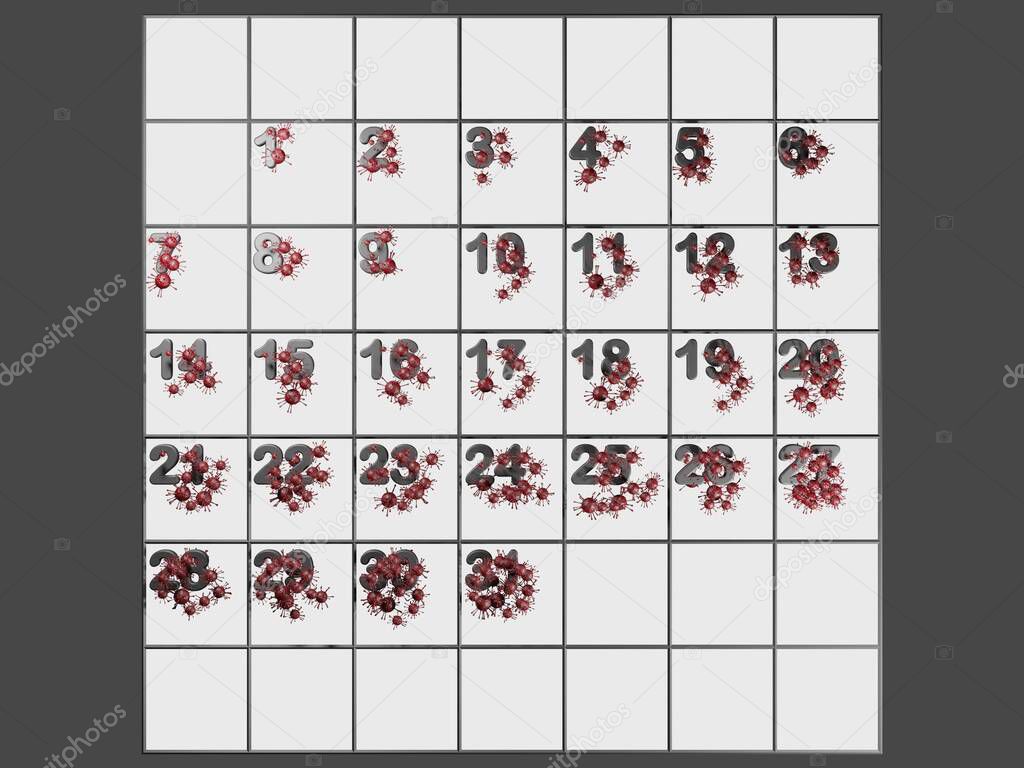 Covid-19 or Corona Virus spread every day and more like weather forecast, show on 3D render calendar. Future business concept to warn people in mobile app