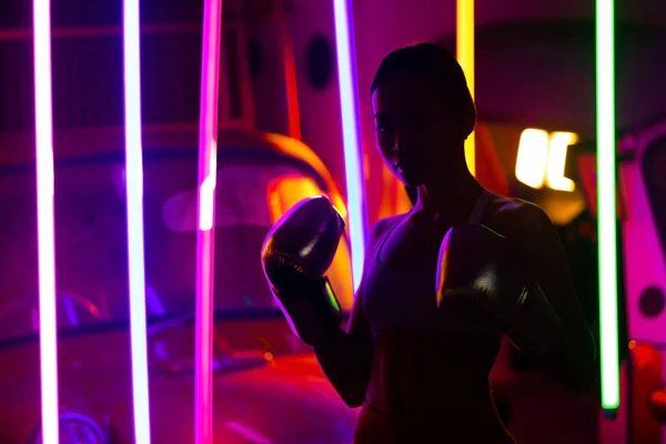 Fighter Boxer Woman 실루엣 Silhouette Neon Muay Thai Tuk Tuk — 스톡 사진