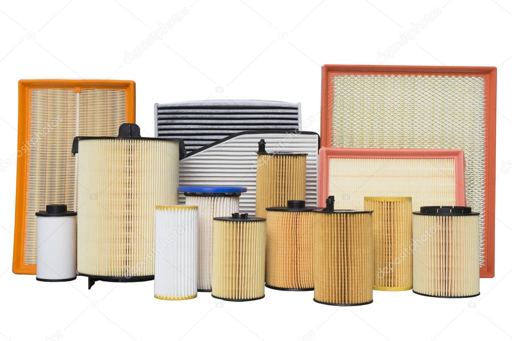 Car filters close-up on a white background isolated.