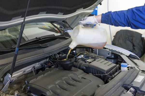 車のエンジンオイルを変更します プロの整備士の手は 車のエンジンの背景に油の缶を保持しています — ストック写真