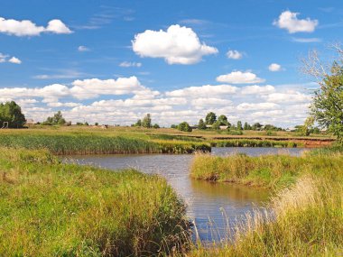 Küçük nehir. Çayırlar. Güzel gökyüzü, bulutlar. Rus yaz doğası. Rusya, Ural, Perm bölgesi