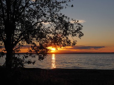 Gün batımı. Büyük nehirde. Güzel gökyüzü. Ağaç ve yapraklar. Yaz. Rusya, Ural, Perm bölgesi