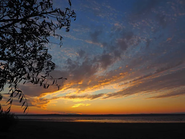 Zonsondergang Grote Rivier Prachtige Lucht Boom Bladeren Zomer Rusland Oeral — Stockfoto