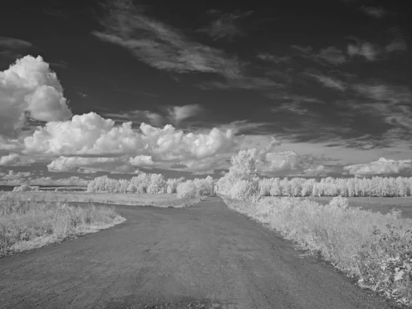 フィールドの間の古い道路 赤外線写真 別のビジョンだ ロシア ウラル ペルミ地方 — ストック写真