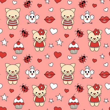 Seamless pattern of kittens and cupcake.