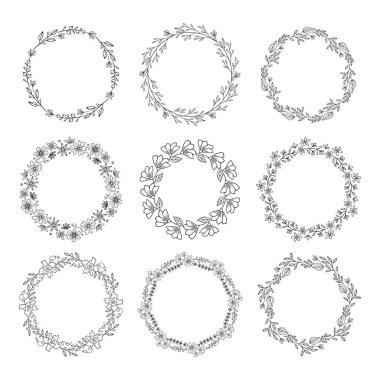 Beyaz arkaplanda çelenkler ve botanik çerçeveler.