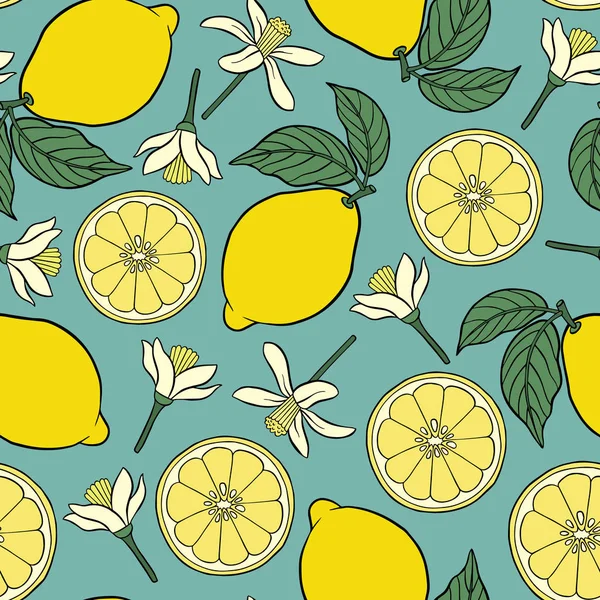 Patrón sin costuras de limones con hojas y flores . — Vector de stock