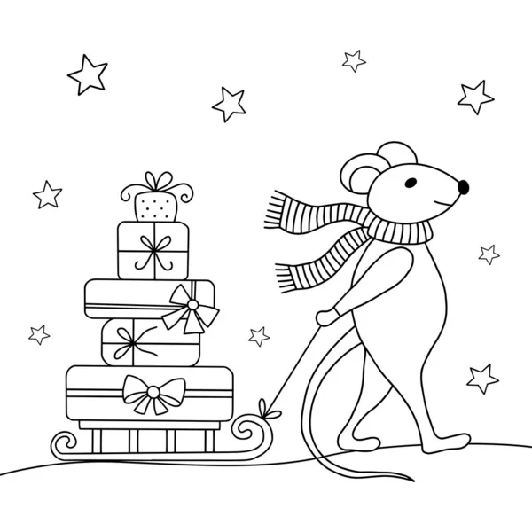 Coloriage de Noël avec souris et cadeaux . — Image vectorielle