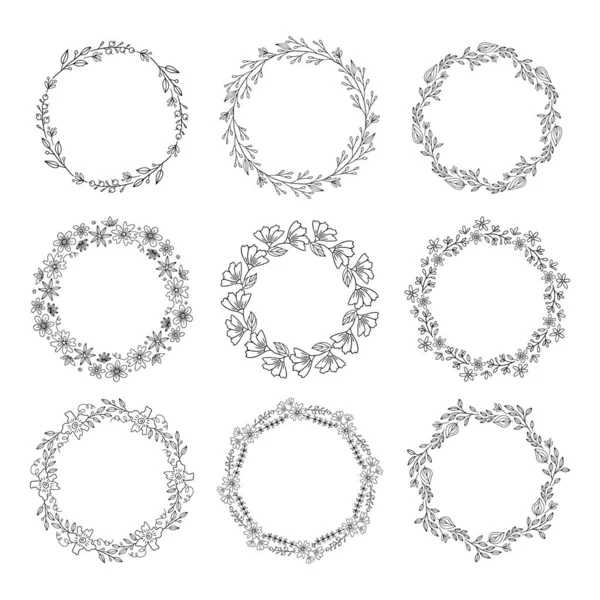 Beyaz arkaplanda çelenkler ve botanik çerçeveler.