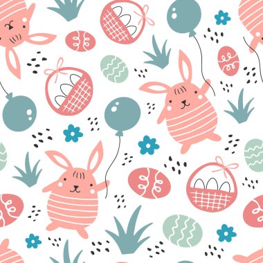 Paskalya tavşanı ve yumurtalarla kusursuz desen. Düz stil. Vektör illüstrasyonu.