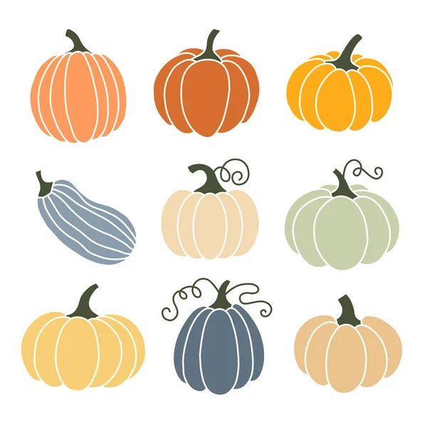 Zucca Varie Forme Colori Elementi Ringraziamento Halloween — Vettoriale Stock