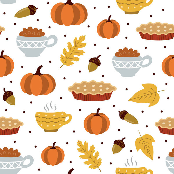Seamless pattern pumpkin and pumpkin pie. Flat style. Vector illustration.