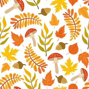 Sonbahar yapraklarının, mantarların ve meşe palamutlarının kusursuz deseni. Vektör illüstrasyonu.