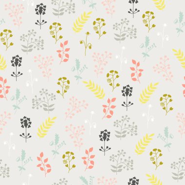 Kusursuz desen, gri arka planda yabani çiçekler..