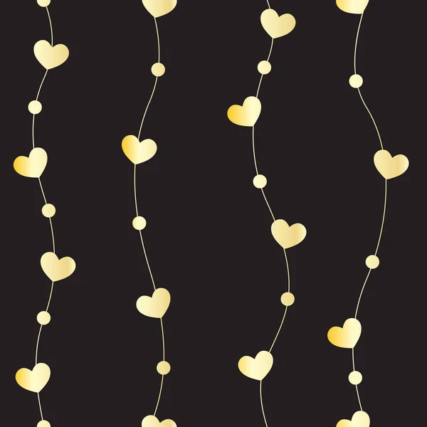 Seamless Pattern Gold Hearts Black Background Vector Illustration — Stock Vector
