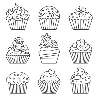 Cupcake set. Line style. Vector illustration.