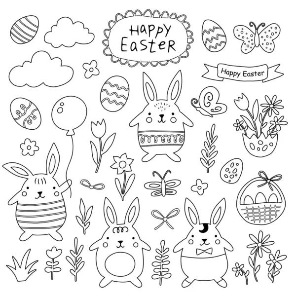Doodles Für Ostern Osterhasen Und Designelemente Umrisszeichnung Malbuch Für Kinder — Stockvektor