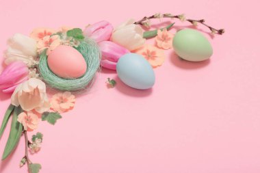 Pembe arka planda Paskalya yumurtaları ve bahar çiçekleri