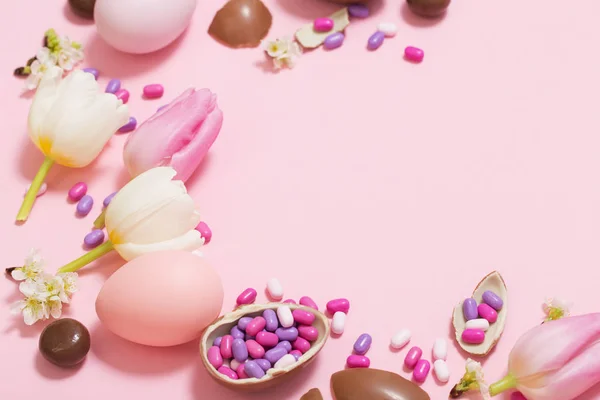 Easter Pink Background Eggs Flowers — Stock Photo, Image