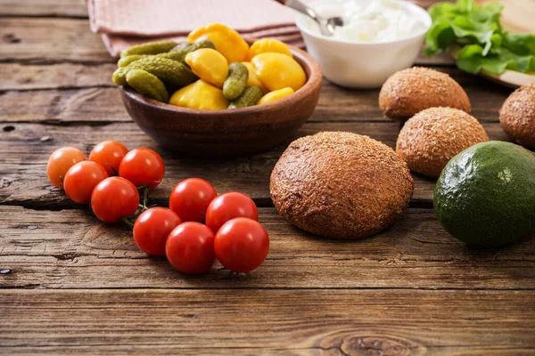 healthy food on old wooden background