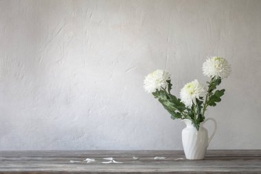 Arka plandaki sürahi içinde beyaz kasımpatı eski duvarda