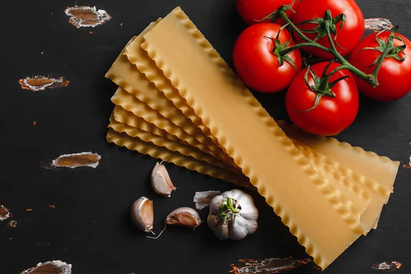 Ingredientes Lasaña Cruda Productos Pasta Fondo Con Espacio Para Copiar —  Fotos de Stock