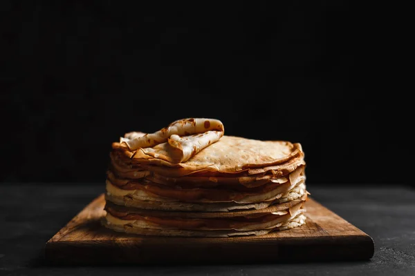 Maslenitsa Maslenitsa Week Holiday Food Stack Russian Pancakes Dark Rustic — Stock Photo, Image