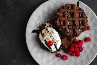 Bir tabak ahududu ve çikolatalı pudra şekerli ev yapımı çikolatalı waffle.
