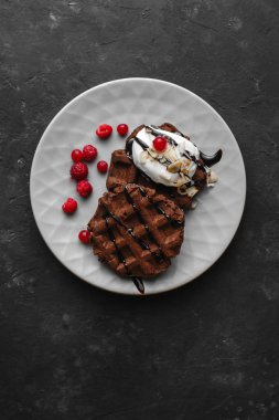 Bir tabak ahududu ve çikolatalı pudra şekerli ev yapımı çikolatalı waffle.