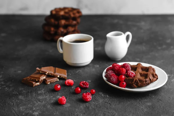 Homemade Chocolate Waffles Cocoa Powdered Sugar Plate Raspberries Chocolate Dark — Stock Photo, Image
