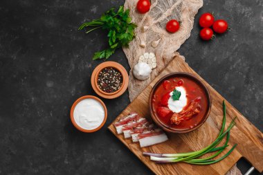 Ukrayna Borsch 'u. Pancar çorbası. Ukrayna mutfağı. Ahşap bir tabakta tuzlanmış pastırma, ekmek ve otlarla birlikte. Karanlık arka planda. Yukarıdan manzara. Metnin için boş yer. Bir kase kremalı kırmızı pancar çorbası..