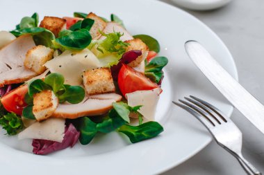Lezzetli tavuk göğsü, ıspanak, lahana, roka, parmesan ve vişneli domatesli taze Sezar salatası. Sezar sosu, limon, bozuk peynir. Sağlıklı ve besleyici beslenme kavramı. Metin için boşluk