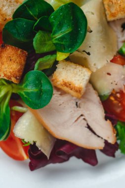 Lezzetli tavuk göğsü, ıspanak, lahana, roka, parmesan ve vişneli domatesli taze Sezar salatası. Sezar sosu, limon, bozuk peynir. Sağlıklı ve besleyici beslenme kavramı. Metin için boşluk