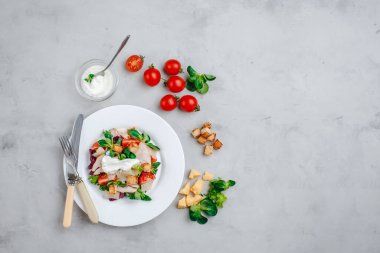 Lezzetli tavuk göğsü, ıspanak, lahana, roka, parmesan ve vişneli domatesli taze Sezar salatası. Sezar sosu, limon, bozuk peynir. Sağlıklı ve besleyici beslenme kavramı. Metin için boşluk