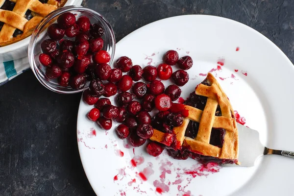 Homemade American Cherry Pie Very Tasty Dark Background Top View — Stock Photo, Image